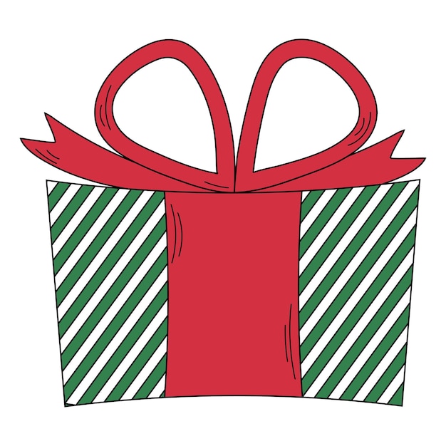 Ilustración vectorial de una caja festiva con un lazo rojo. Regalo de Año Nuevo aislado sobre un fondo blanco.