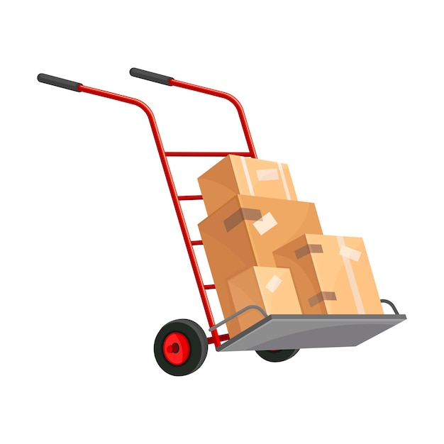 Ilustración vectorial de cajas de cartón apoyadas en el carrito de la mano