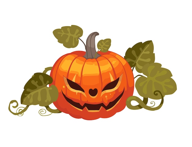 Ilustración vectorial de una calabaza de Halloween sonriente con hojas