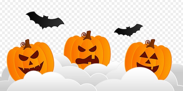 Ilustración vectorial de calabazas de Halloween con murciélagos en nubes sobre un fondo transparente
