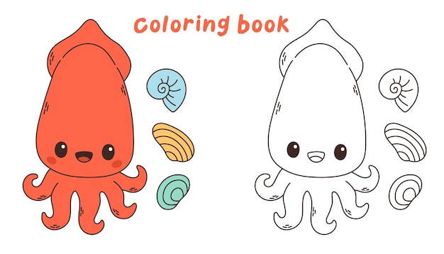 Ilustración vectorial de calamar rojo lindo vida marina submarina libro para colorear o página para colorear Vector