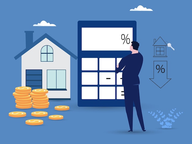 Ilustración vectorial de la calculadora hipotecaria Hombre contando los porcentajes de la hipoteca para tasas bajas Tasas de interés Bajando la disminución del cliente Porcentaje Concepto de puntaje de crédito Comprar casa Préstamo hipotecario