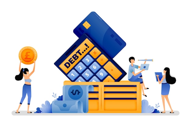 Ilustración vectorial de calculadoras y tarjetas de crédito atascadas en carteras. deuda de consumo a corto plazo que es difícil de pagar y está en riesgo de impago. Se puede usar para el folleto de pancarta de póster de aplicaciones de sitios web