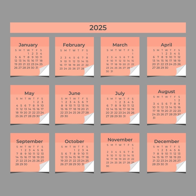 Ilustración vectorial del calendario 2025 La semana comienza el lunes