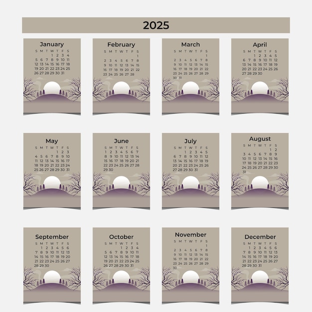 Ilustración vectorial del calendario 2025 La semana comienza el lunes
