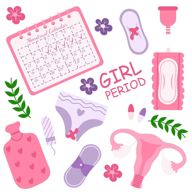 Ilustración vectorial de un calendario almohadillas de varias formas bragas tampones cojines de calefacción