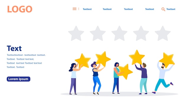 Ilustración vectorial, calificación de reseñas de clientes, diferentes personas dan una calificación de revisión y comentarios, soporte para la satisfacción comercial. banner web, sitio web móvil. Plantilla de página de destino.