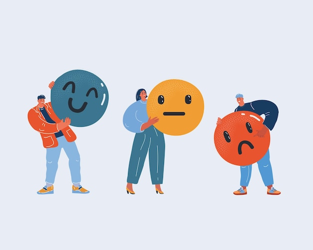 Ilustración vectorial de la calificación del servicio al cliente Personas con smileis con diferentes emociones de enojado a feliz Tres emociones de humor enojado indiferente satisfecho