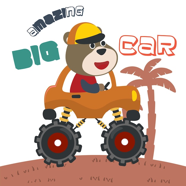 Ilustración vectorial de camión monstruo con conductor animal. Se puede utilizar para imprimir camisetas. Los niños usan diseño de moda. Tarjeta de invitación. Tela. Textil. Papel tapiz infantil. Afiche y otras decoraciones.
