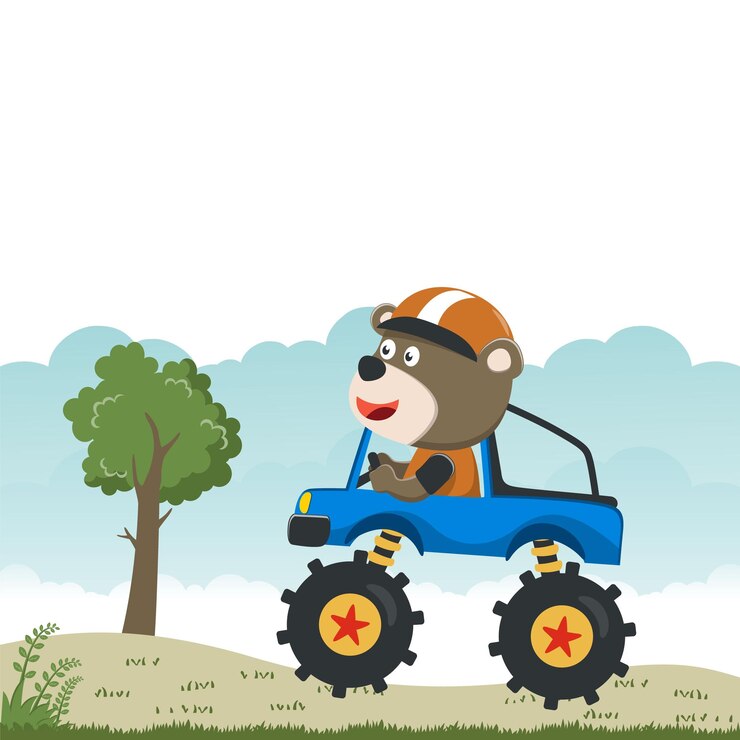 Vector ilustración vectorial de un camión monstruo con un conductor de animales graciosos se puede usar para imprimir camisetas para que los niños usen diseño de moda tarjeta de invitación tela textil cartel de papel de pared de guardería y otra decoración