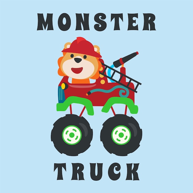 Ilustración vectorial de camión monstruo de rescate de incendios con estilo de dibujos animados. Puede usarse para impresión de camisetas, diseño de moda, tarjeta de invitación, tela, textil, papel tapiz para guardería, afiches y otras decoraciones.