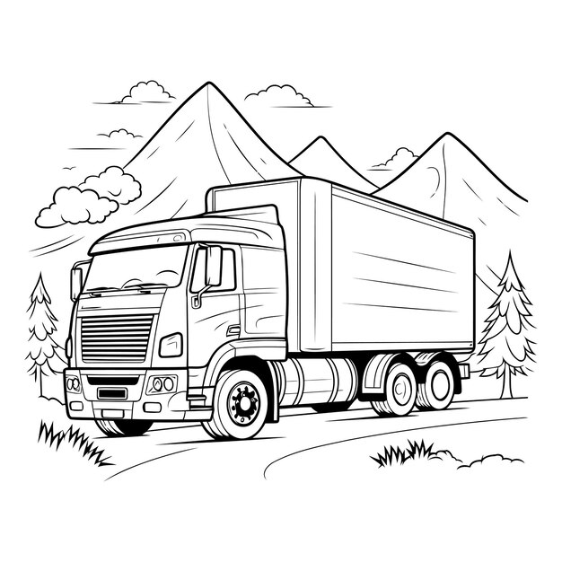 Vector ilustración vectorial de un camión en las montañas imagen en blanco y negro