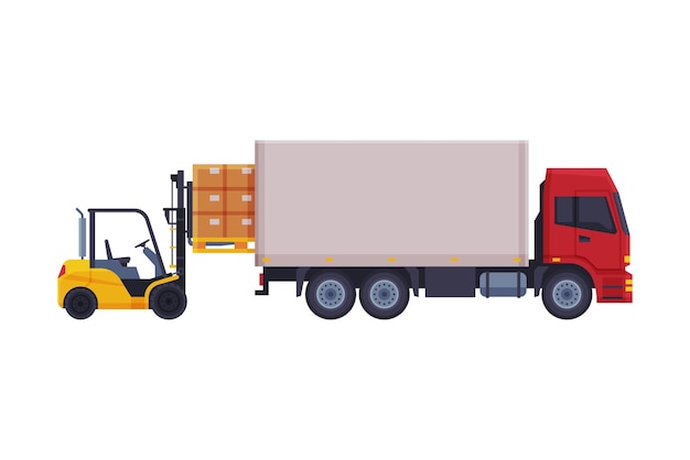 Ilustración vectorial de camiones elevadores de horquilla cargando cajas de cartón en camiones de entrega en fondo blanco