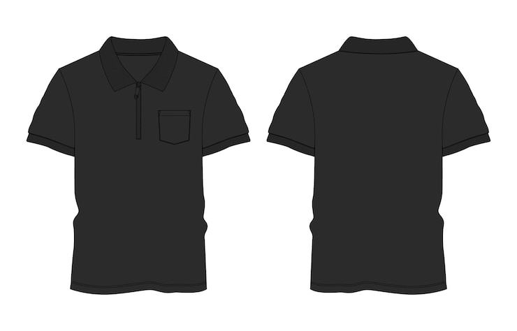 Vector ilustración vectorial de camisa polo de manga corta plantilla de color negro vistas delanteras y traseras
