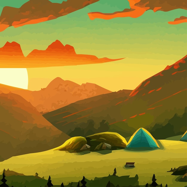Ilustración vectorial de campamento de verano campamento con fondo de campamento montañas con lago vintage por la noche