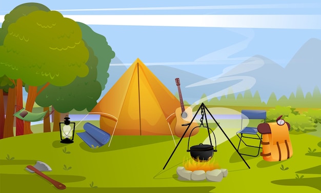Ilustración vectorial de un campamento de verano con una carpa, un fuego, una guitarra en la naturaleza