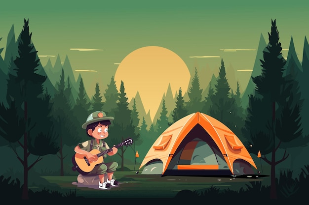 Ilustración vectorial del campamento de verano para niños de dibujos animados