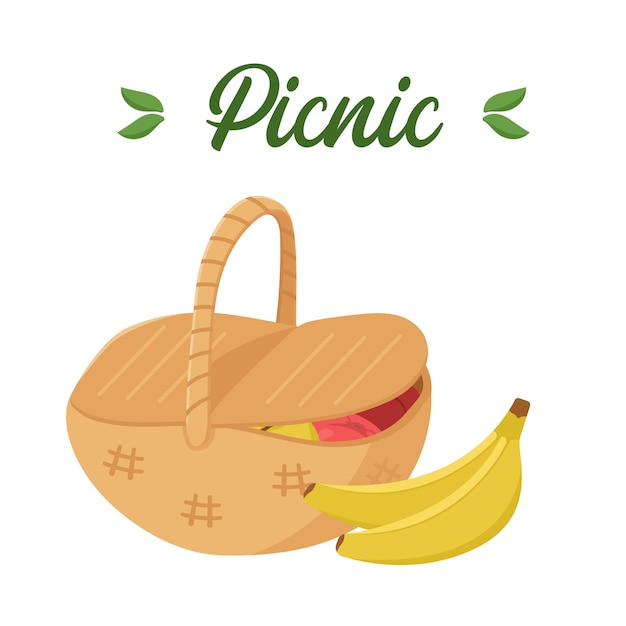 Ilustración vectorial de una canasta de comida para picnic tarjeta de barbacoa de colores elementos de barbacoa
