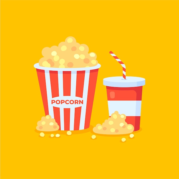 Ilustración vectorial de una canasta con palomitas de maíz y bebida y palomitas de maíz dispersas