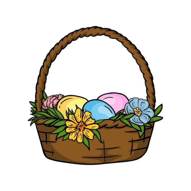 Ilustración vectorial de la canasta de Pascua con huevos pintados y flores Imagen para tarjeta postal de Pascua