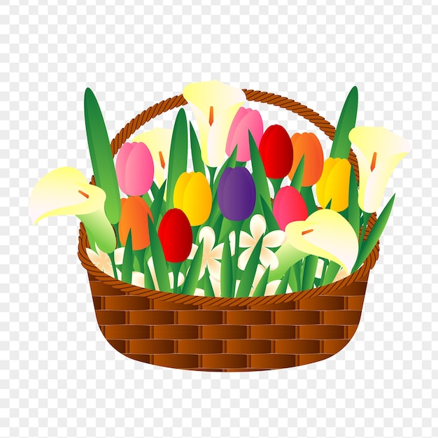Ilustración vectorial de una canasta de ramos de flores sobre un fondo transparente