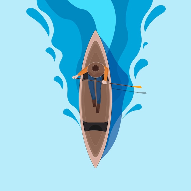 Ilustración vectorial de una canoa y una persona remando en el mar