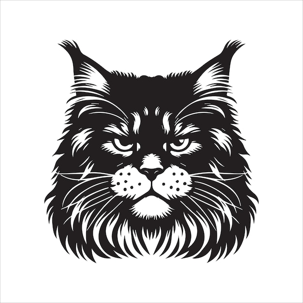 Ilustración vectorial de la cara del gato Grumpy Maine Coon en blanco y negro