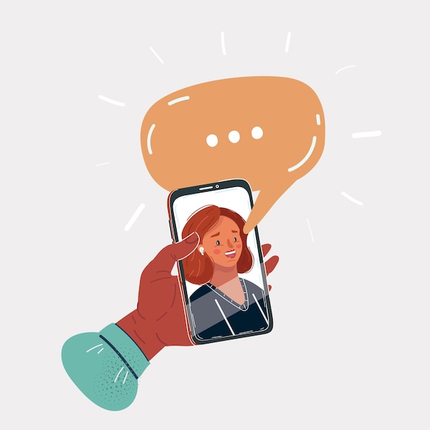 Ilustración vectorial de la cara de una mujer joven en la pantalla del teléfono Hablando video chat en línea Bocadillo de diálogo arriba
