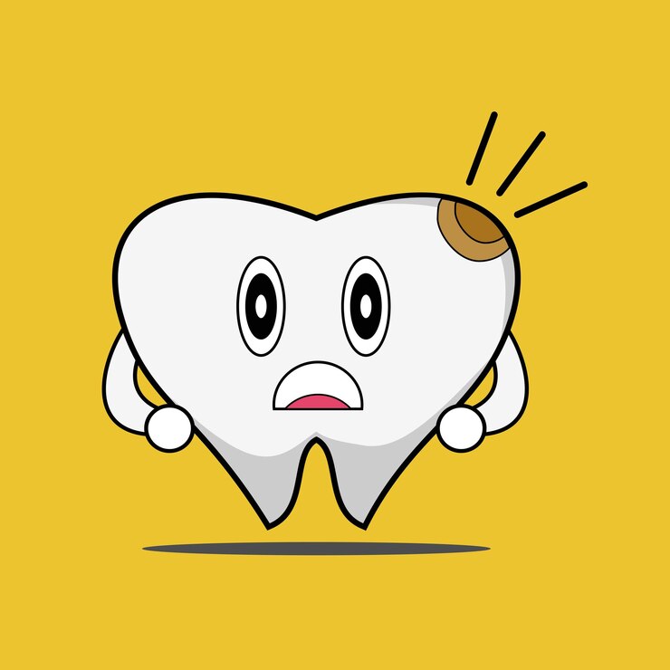 Vector ilustración vectorial de un carácter de un diente enfermo con caries