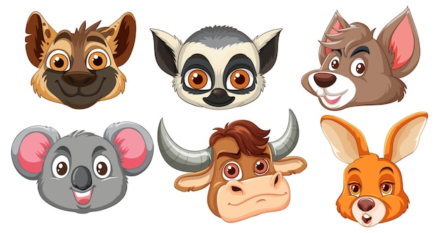 Ilustración vectorial de caras de animales lindos