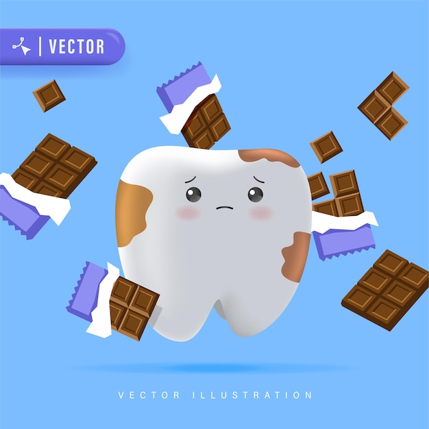 Ilustración vectorial de caries dental para niños Cartel de clínica dental Dientes agrietados o rotos
