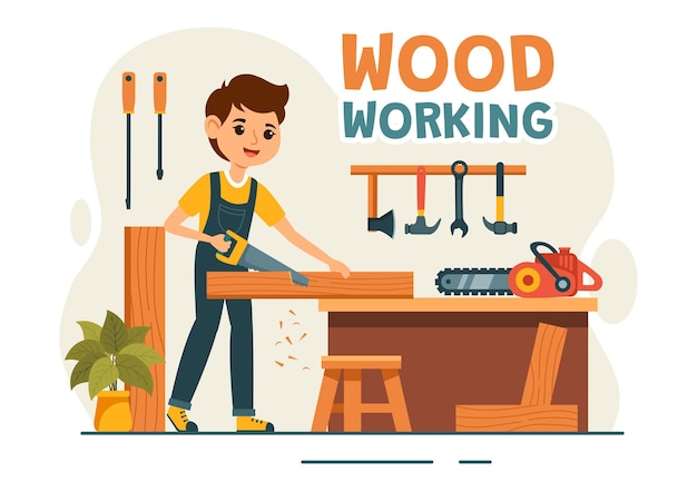 Ilustración vectorial de carpintería con artesanos y trabajadores modernos que producen muebles utilizando herramientas presentadas en un fondo plano de estilo de dibujos animados