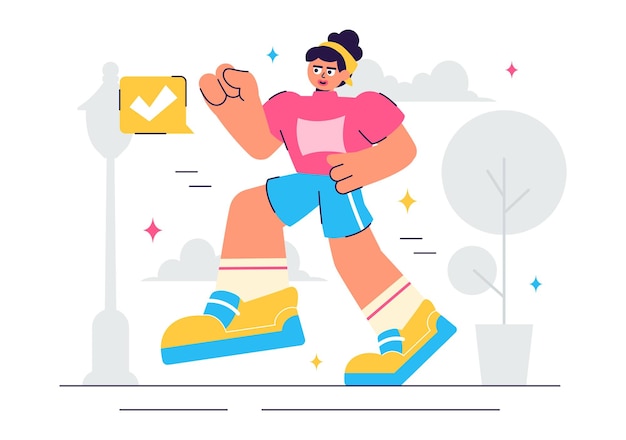 Ilustración vectorial de carrera con personas corriendo o paseando tranquilamente mientras disfrutan de la atmósfera al aire libre en un fondo de estilo plano