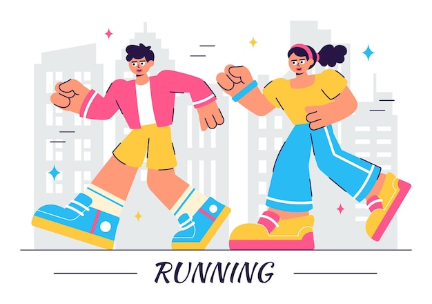 Ilustración vectorial de carrera con personas corriendo o paseando tranquilamente mientras disfrutan de la atmósfera al aire libre en un fondo de estilo plano