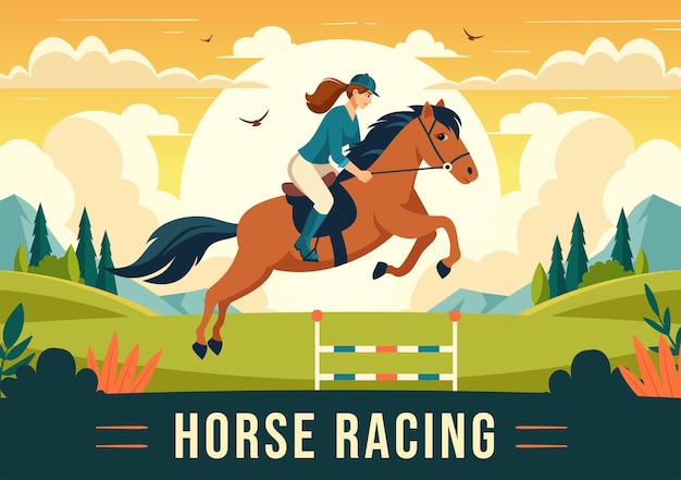 Ilustración vectorial de carreras de caballos con rendimiento ecuestre, deporte y jinete