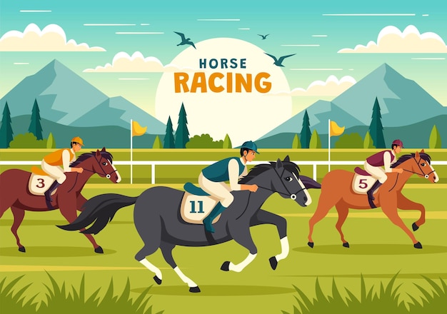 Ilustración vectorial de carreras de caballos con rendimiento ecuestre, deporte y jinete
