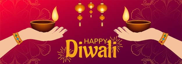 Ilustración vectorial del cartel Happy Diwali con fondo de color diya onyellow nad granate