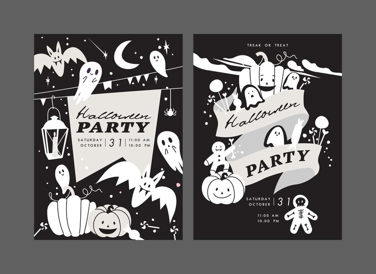 Ilustración vectorial carteles de fiesta de halloween o invitación. Folleto de celebración de otoño. Pancartas de Horror Helloween.