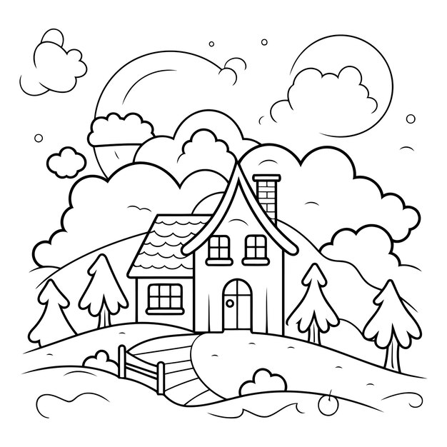Vector ilustración vectorial de una casa linda en el campo estilo contorno