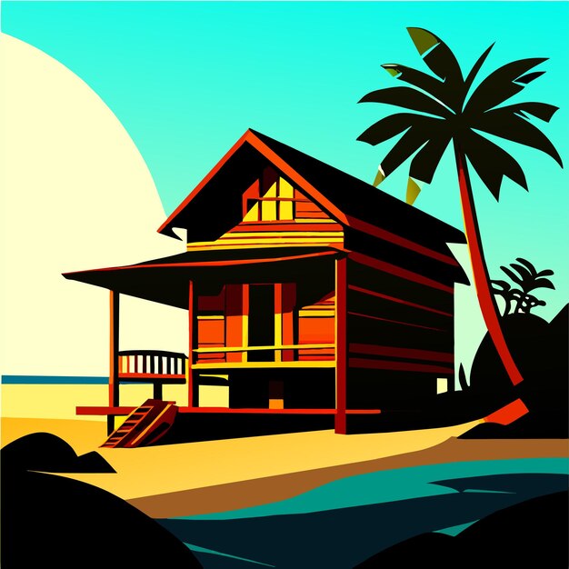 Vector ilustración vectorial de la casa de madera en la playa