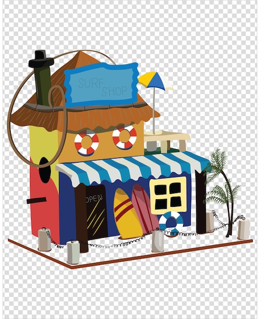 Vector ilustración vectorial de la casa de playa imagen de una cabaña de playa con boya de puerta y ventana