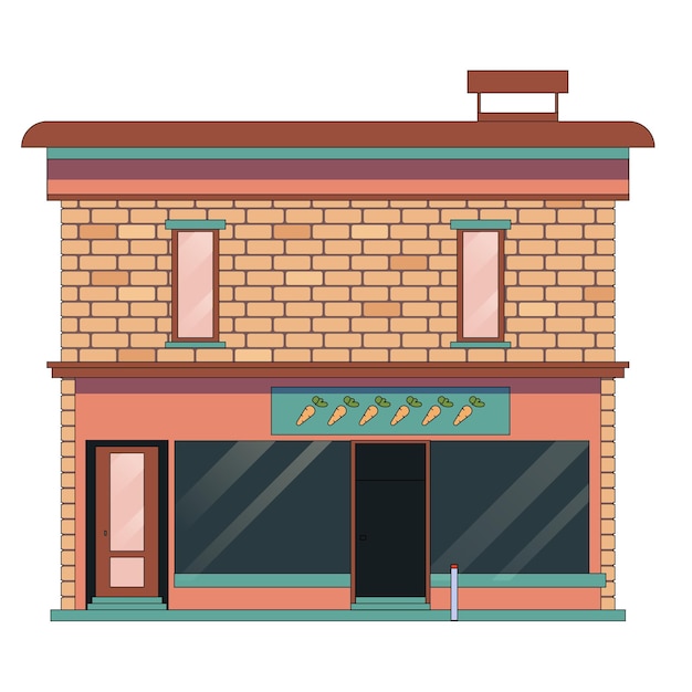 Ilustración vectorial una casa con una tienda de verduras en la planta baja del contorno de la línea de dibujos animados