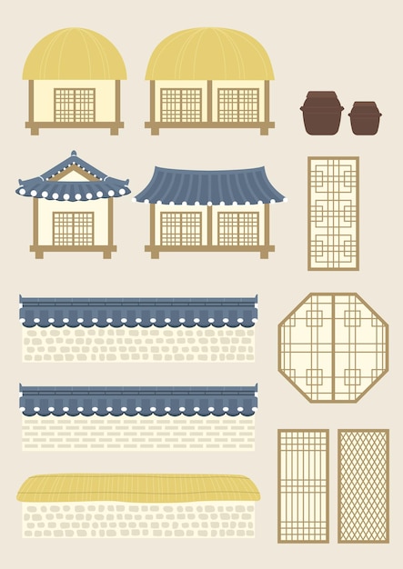 Ilustración vectorial de las casas tradicionales coreanas