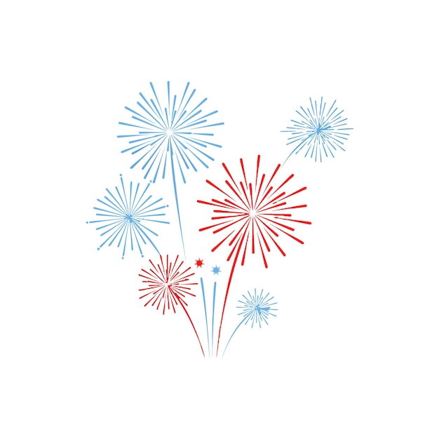 Ilustración vectorial de celebración de fuegos artificiales rojos y azules que estallan en el cielo con formas de estrellas y chispas
