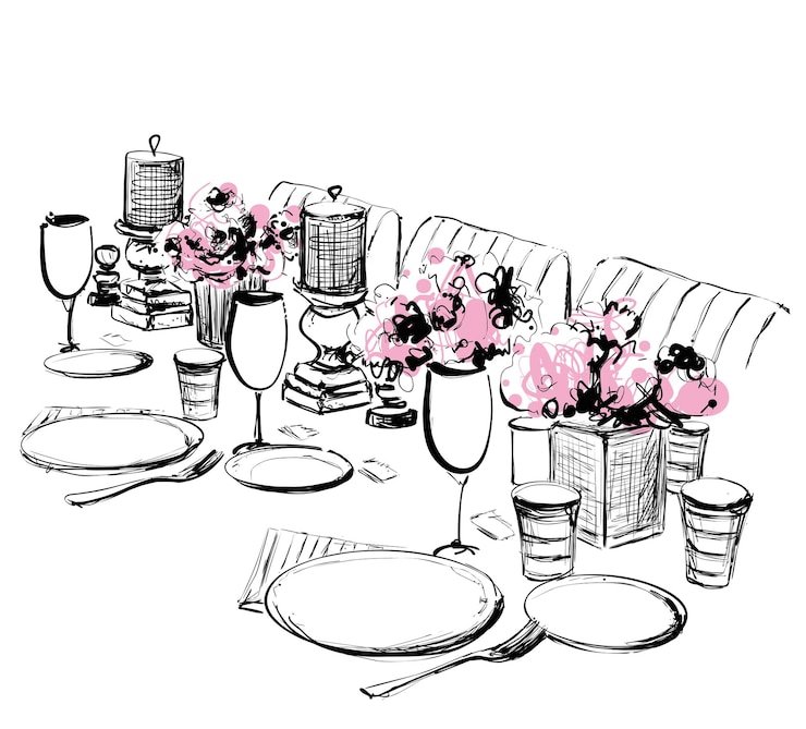 Ilustración vectorial de la cena navideña Platos boceto Comida y bebida