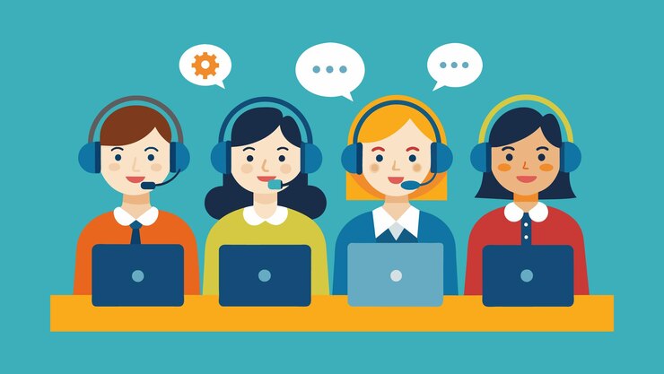 Vector ilustración vectorial del centro de llamadas de los operadores de la línea directa de servicio al cliente con auriculares