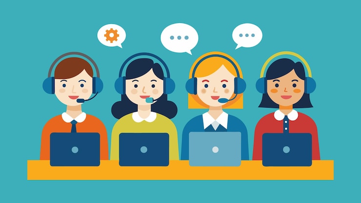 Vector ilustración vectorial del centro de llamadas de los operadores de la línea directa de servicio al cliente con auriculares