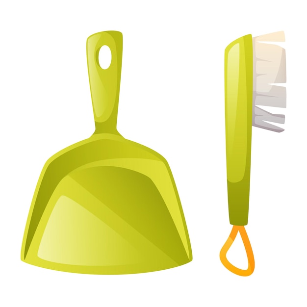 Ilustración vectorial de cepillo y estufador escoba y estufadora herramienta de limpieza verde para el hogar de mano