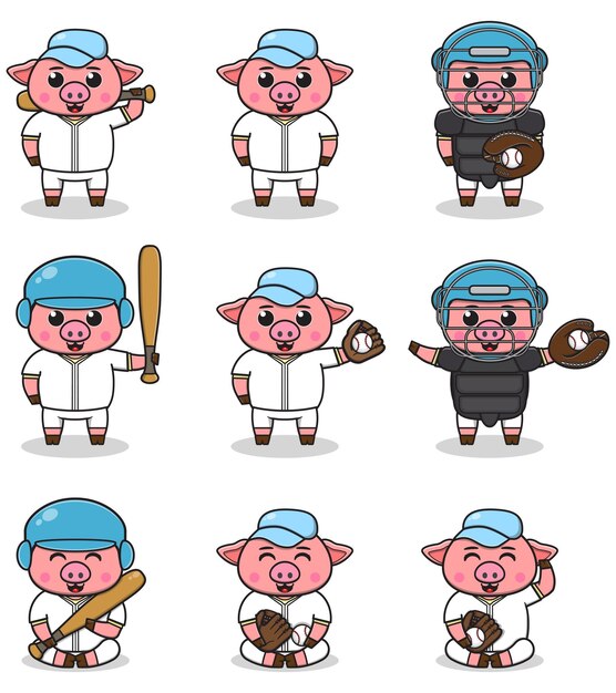Ilustración vectorial de un cerdo lindo con traje de béisbol Conjunto de personajes de cerdo lindo