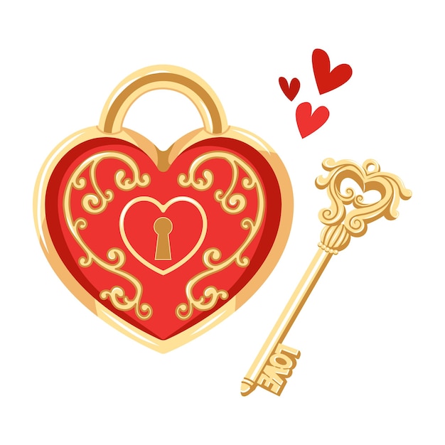 Ilustración vectorial de una cerradura en forma de corazón con patrón y su llave Artículos románticos para el día de San Valentín